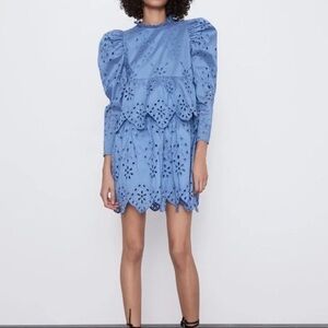 Zara Blue Embroidered Eyelet Mini Dress